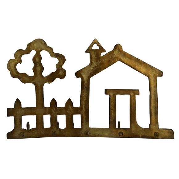 Vintage Solid Brass Wall Key 5 Ring Hook Holder with House and Tree 7.75 X 4.5 - Picture 5 of 5